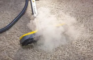Using dry steam cleaner to sanitize floor carpet.