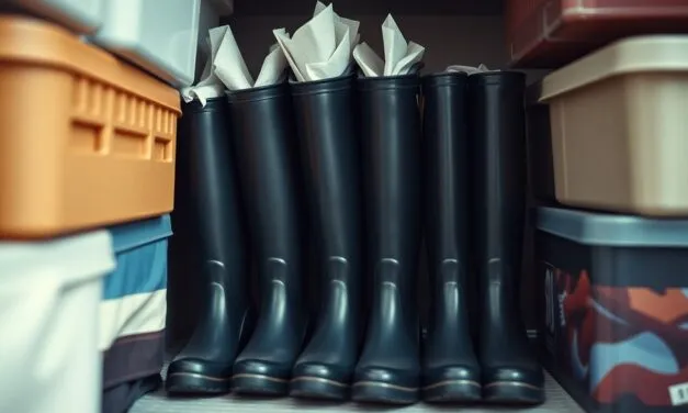 Przechowywanie kaloszy poza sezonem – jak uniknąć odkształceń i pęknięć | Wyjaśnisz, jak przechowywać kalosze, by nie traciły kształtu i nie pękały. Wystarczy włożyć do środka papier lub specjalne wkładki i ustawić je w suchym miejscu.