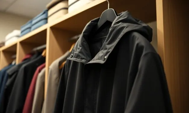 Przechowywanie płaszcza nieprzemakalnego – jak uniknąć zagnieceń i utraty kształtu | Wyjaśnisz, dlaczego warto wieszać płaszcz na szerokim wieszaku i unikać składania go na długo. Dzięki temu zachowa swój kształt i właściwości, a przechowywanie nie generu